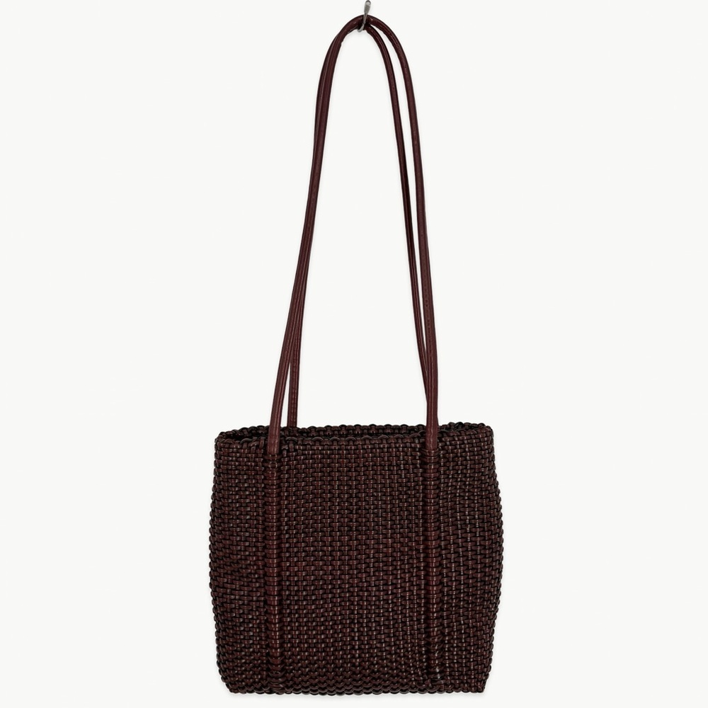 Vintage Nine West Woven Faux Leather Tote Bag Brown Y2K Shoulder Minimalist - Picture 4 of 12